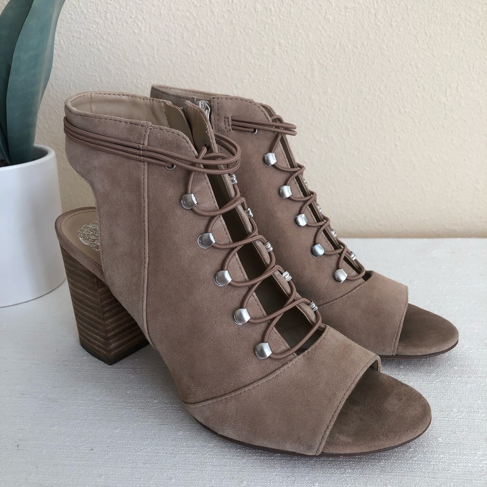 Vince Camuto Blumah Taupe Suede Lace-Up Block Heel Bootie Sandals Women’s 7.5M